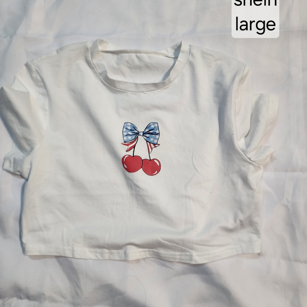 SHEIN Red and White Short Sleeve Tee with Cherry Design